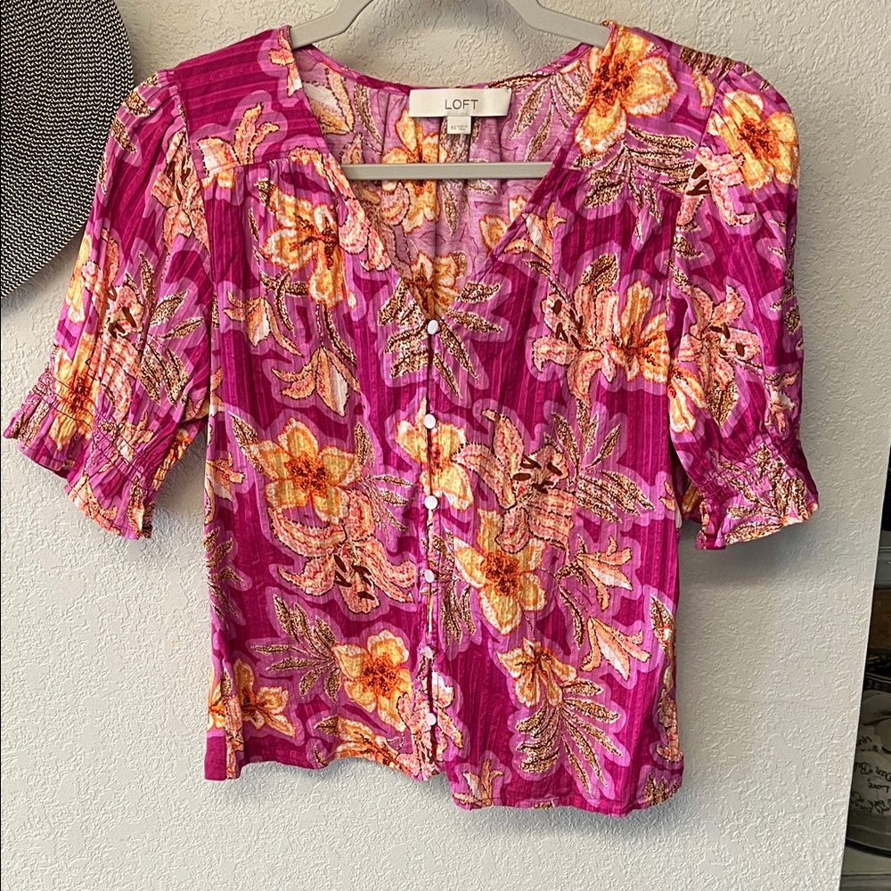 LOFT Magenta and Orange Floral Blouse